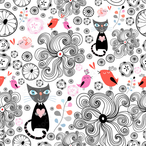 Fototapeta floral pattern with black cats and birds