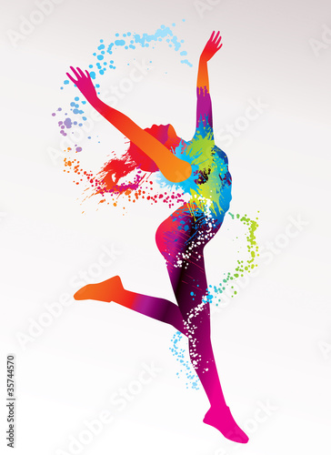 Fototapeta The dancing girl with colorful spots and splashes on a light bac