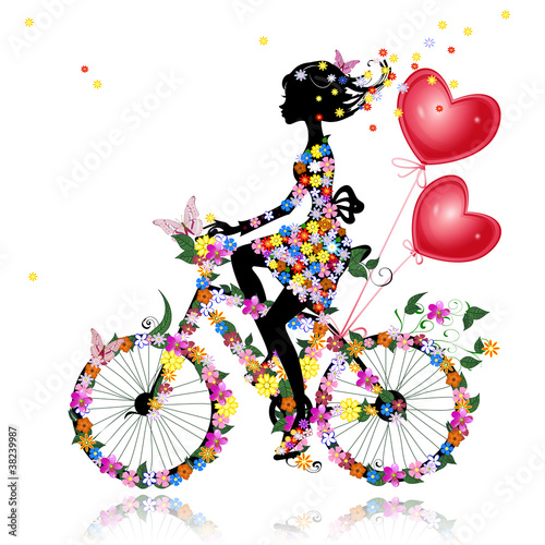 Fototapeta Flower girl bike with air valentines