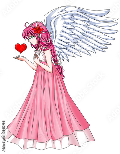 Fototapeta Cartoon illustration of a beautiful angel holding a heart symbol