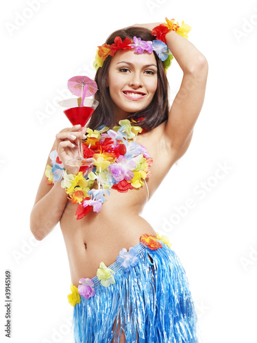 Fototapeta Young woman in costume of hawaii.