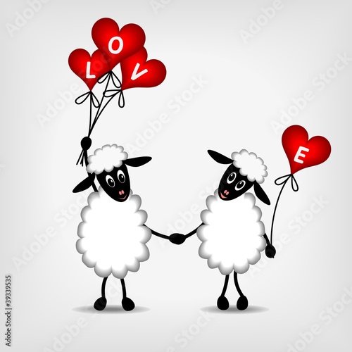 Fototapeta two sheep in love with red hearts - balloons