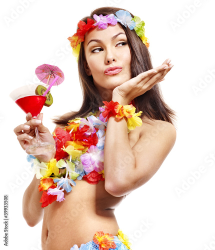  Young woman in costume of hawaii.