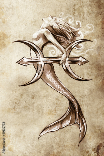  Tattoo art, sketch of a mermaid, pisces vintage style