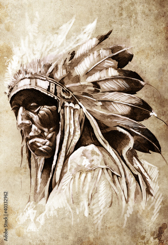  Sketch of tattoo art, indian head, chief, vintage style