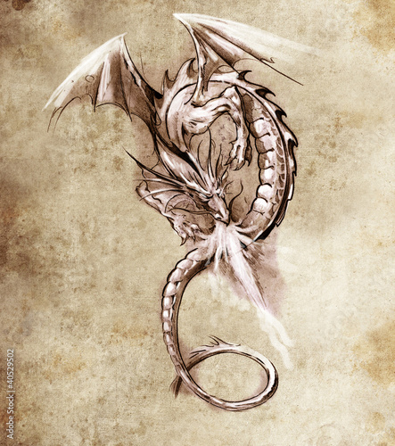 Lacobel Fantasy dragon. Sketch of tattoo art, medieval monster