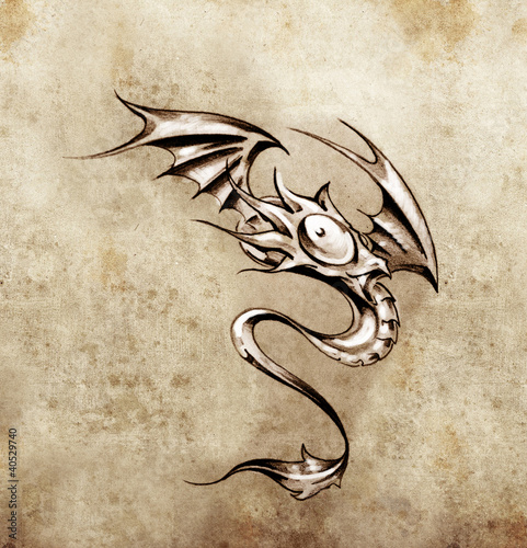 Fototapeta Funny little dragon. Sketch of tattoo art, stylish fantasy monst