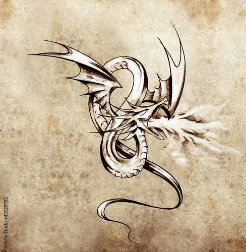 Fototapeta Medieval dragon figure. Sketch of tattoo art over antique paper