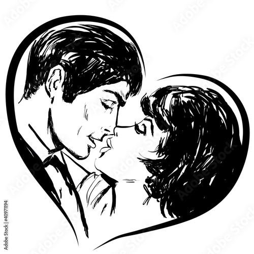 Lacobel croquis en noir et blanc couple amoureux baiser en coeur