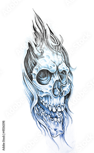 Fototapeta Sketch of tattoo art, skull