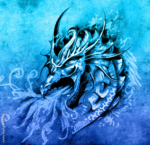 Fototapeta Sketch of tattoo art, anger dragon with white fire