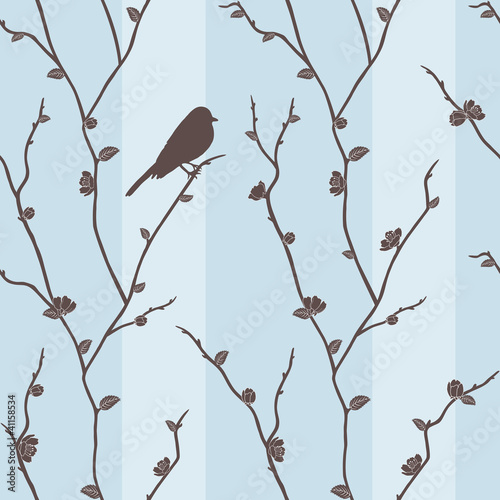 Fototapeta Vector seamless pattern with bird on sakura