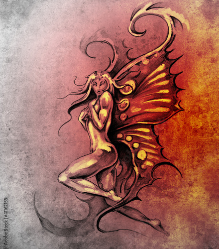 Fototapeta Sketch of tattoo art, fantasy fairy, nude illustration