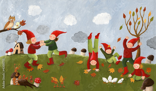 Fototapeta Acrylic illustration of the cute kids - dwarfs dancing in the fa