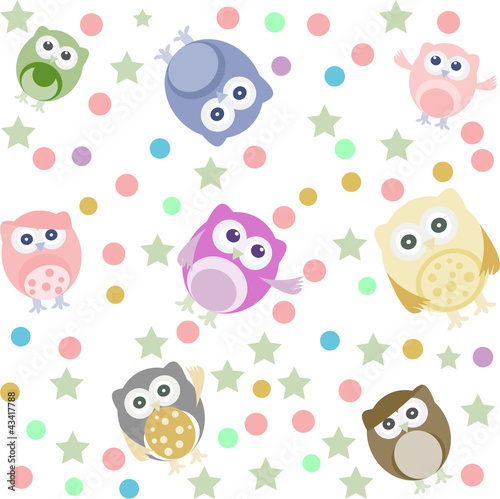 Lacobel Bright background with cute owls, stars, circles. Seamless