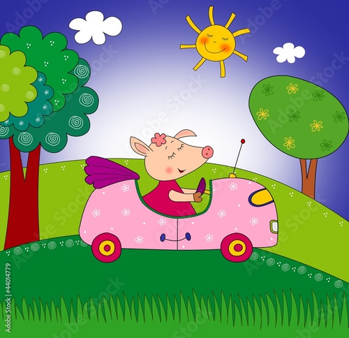 piggy-on-the-car-ilustracion-para-ninos