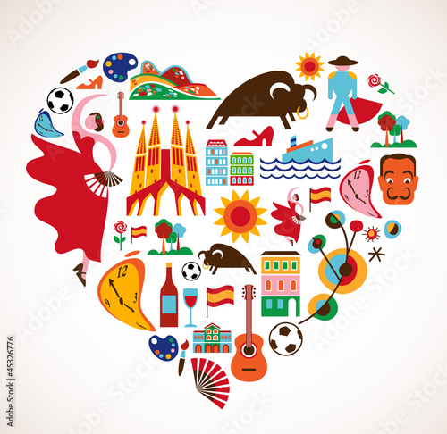  Spain Love - heart with set of vector icons