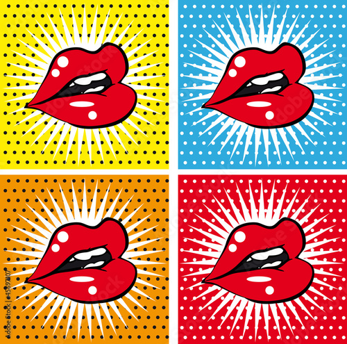 Fototapeta Open Sexy wet red lips with teeth pop art set backgrounds