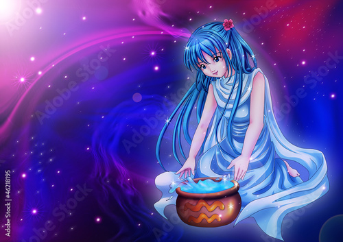  Manga style of zodiac sign on cosmic background, Aquarius