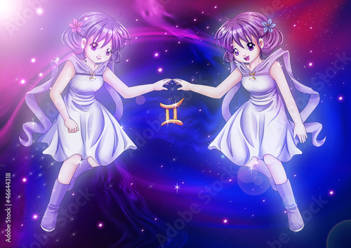  Manga style of zodiac sign on cosmic background, Gemini
