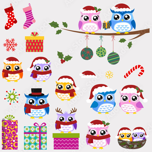 Fototapeta owl family christmas set