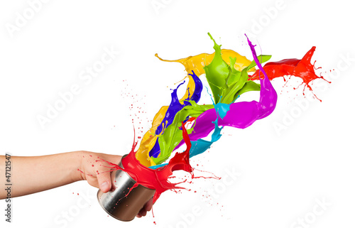  Colored paint splashes splashing out of can