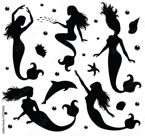 Vector: Collections of vector silhouettes of a mermaid