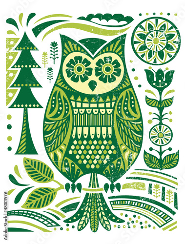 Lacobel Ornate Woodblock Style Owl