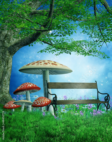 Fototapeta Magiczna łąka z grzybami, drzewem i ławką