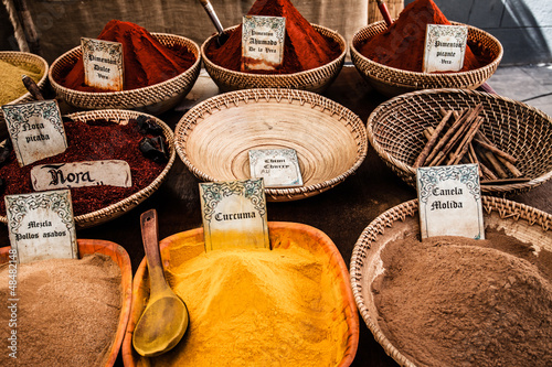 Fototapeta Colorful tika powders on indian market, India , Asia