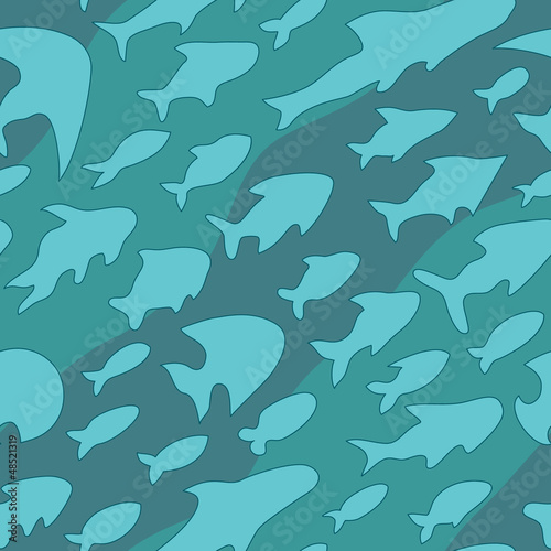  Ocean fish in shades of blue seamless pattern, vector