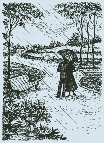 Fototapeta Vector landscape. Young couple with umbrella walking through par