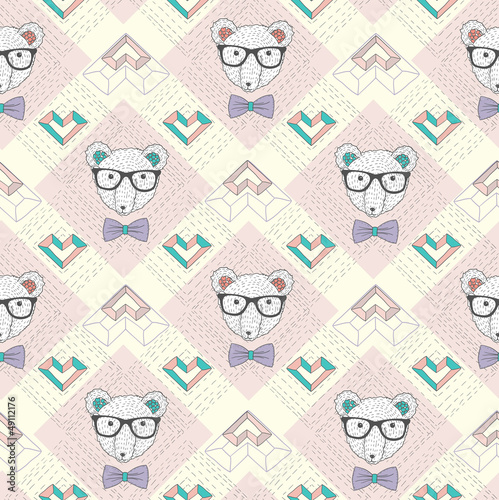  Seamless pattern with hipster polar bear and hearts. Cute backgr