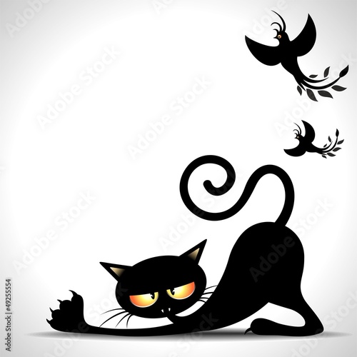 Fototapeta Gatto Nero Cartoon si Stira-Black Cat Stretching and Birds