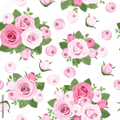  Seamless background with pink roses on white. Vector.