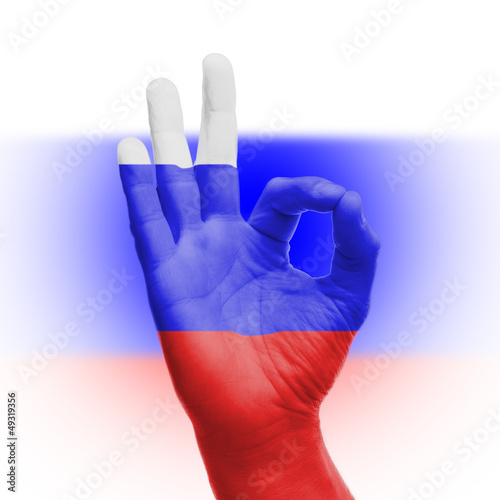 Lacobel hand OK sign with Russian flag