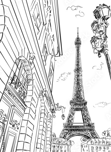  Street in paris -sketch illustration