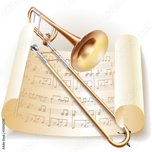 Classical trombone with notes in retro style