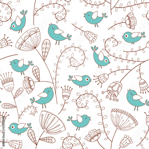  Seamless pattern.Birds and flowers