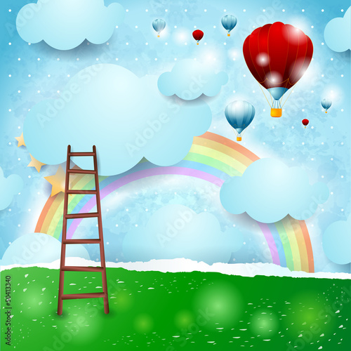 Fototapeta Fantasy background with rainbow and balloons