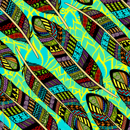 Fototapeta Vector seamless pattern with etno ornate colorful feathers