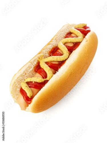 Fototapeta Hot Dog with mustard and ketchup isolated on white background