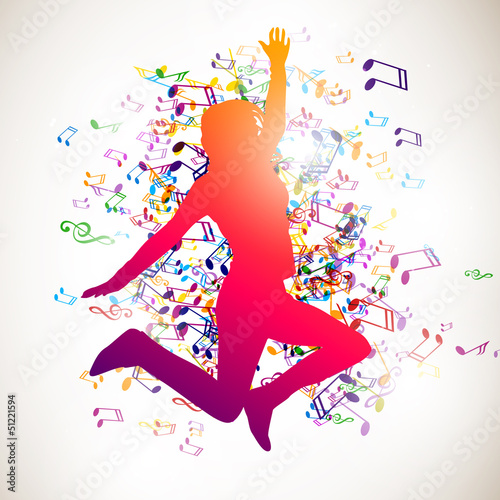  Vector Illustration of a Jumping Girl and Music Notes