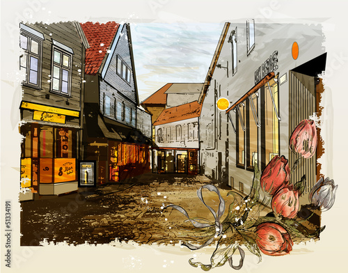Fototapeta vintage illustration of city street. Watercolor style.