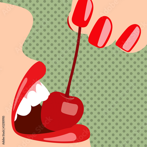  Pop art sensual female mouth with a cherry.