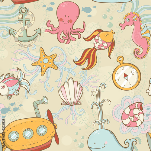 Fototapeta Underwater creatures cute cartoon seamless pattern