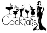 cocktails sign with glasses and woman in a evening dress