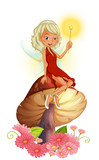 A fairy holding a wand sitting above a giant mushroom