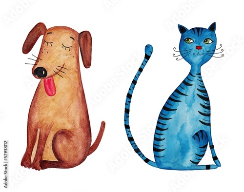 Fototapeta dog and cat. Watercolors on paper