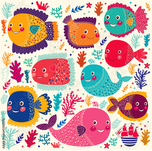 Fototapeta Vector set with colorful funny fishes